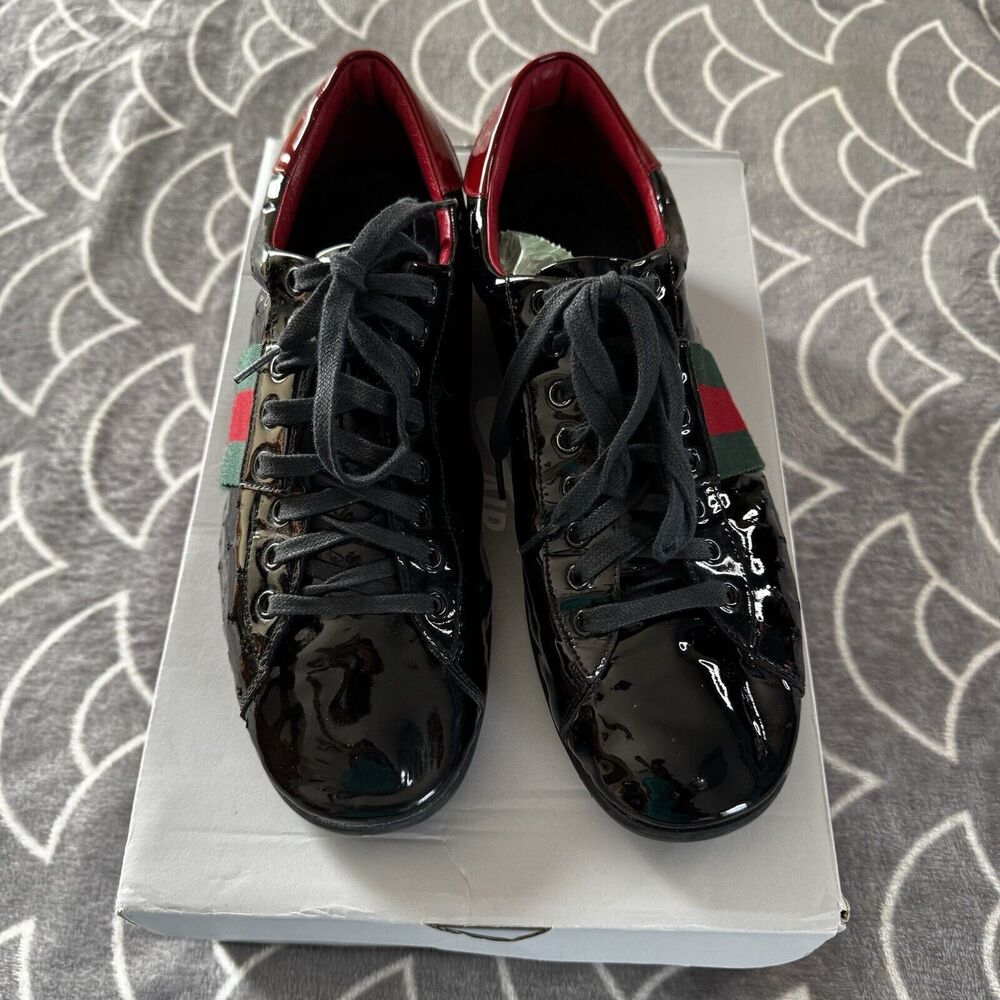 Gucci Black Patent Leather Casual Low Top Lace Up Reflective Men's Shoe Sz 9.5 - Picture 3 of 16